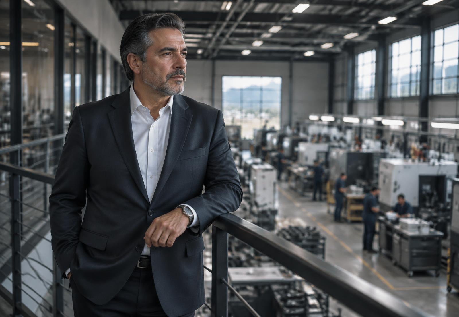 Director de una empresa industrial observando su planta de producción.